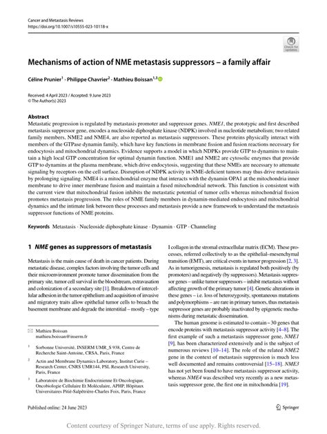 celine prunier|Mechanisms of action of NME metastasis suppressors .